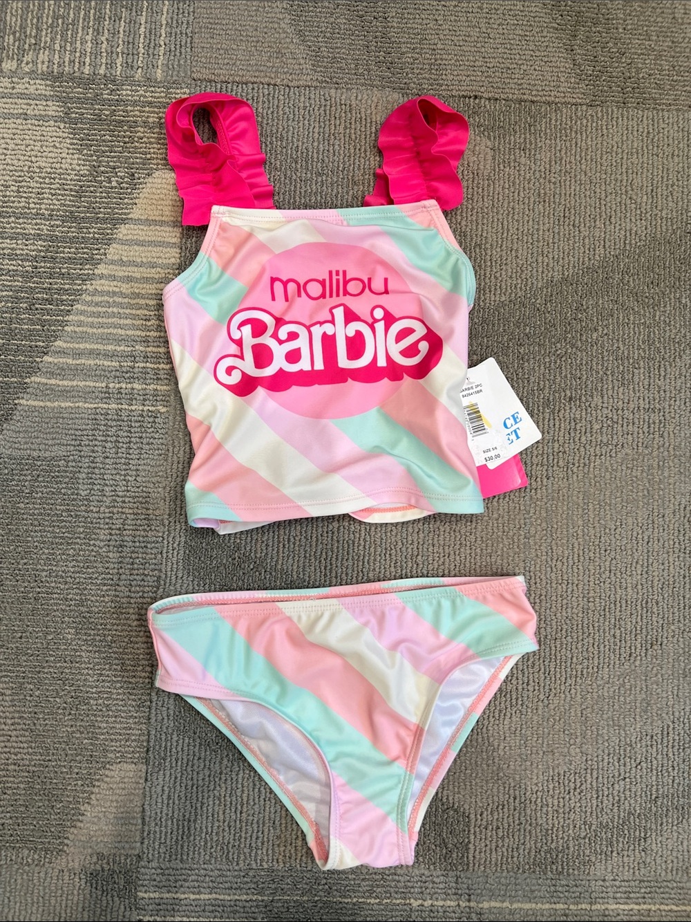 Girls Barbie Pastel Stripe Two-Piece Swimsuit Size 5/6